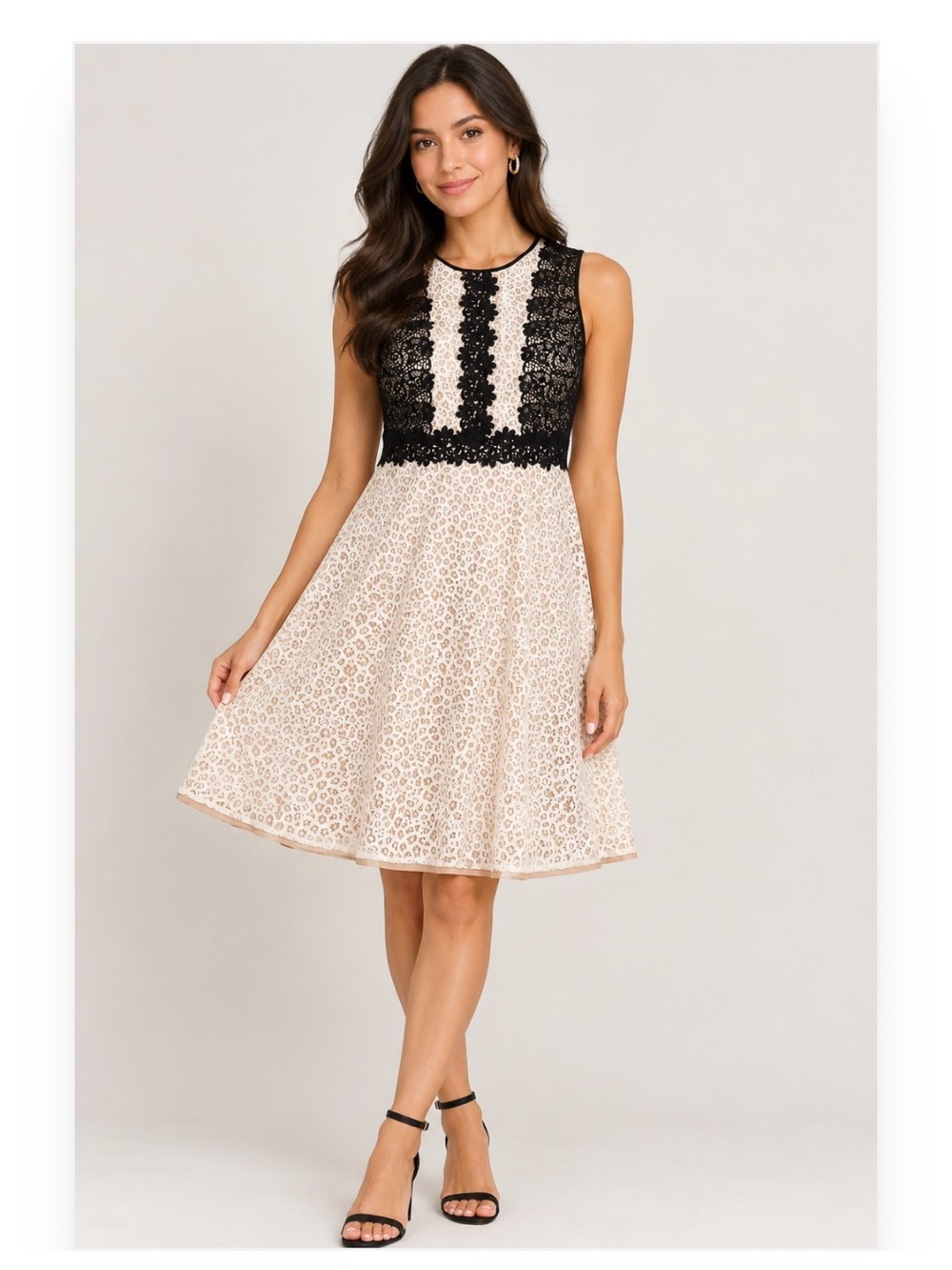CeCe Black Lace Bodice Fit & Flare Dress with Cream Skirt